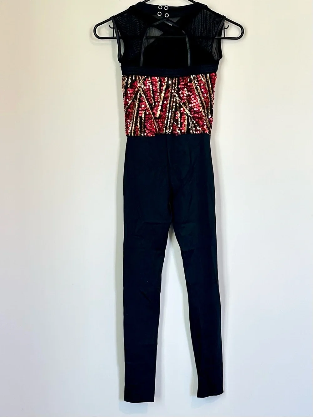 Weissman Black Dance Jumpsuit with Red and Gold Sequin Bodice - Size: MC